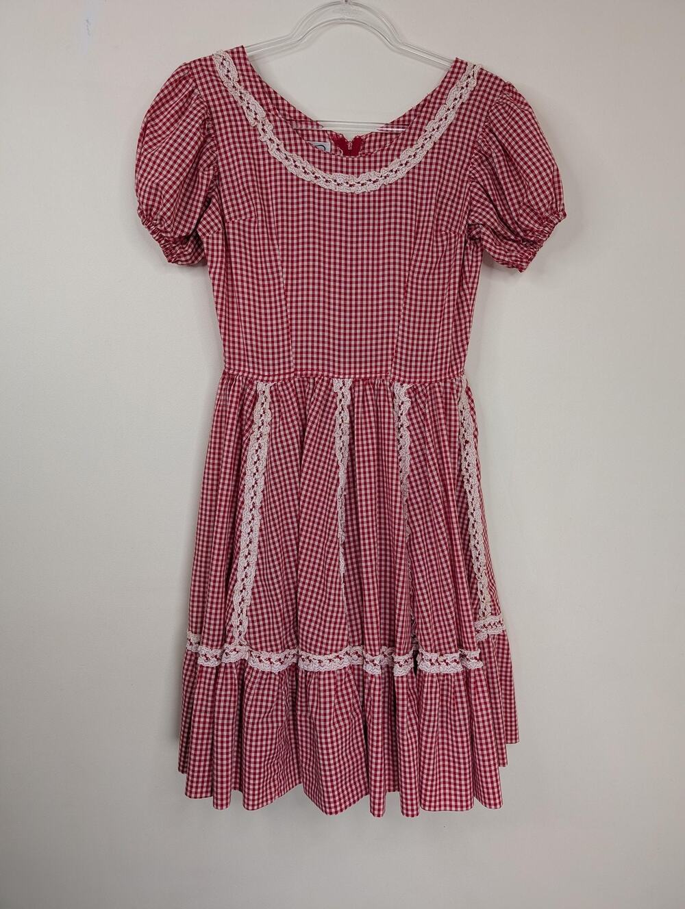 Vintage Western Fashions Dress Womens Red Gingham Prairie Cottagecore Lace